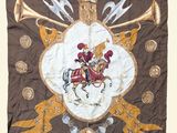 a picture of a flag with a picture of a knight riding a horse