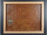 an old picture of a wooden frame with a bird on it