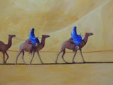 painting of three men riding camels in the desert with a sky background