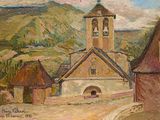 painting of a church with a steeple and a steeple in the background