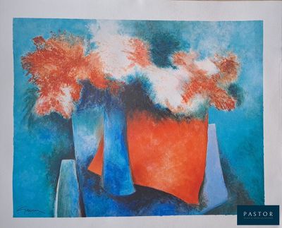 une peinture de fleurs dans un vase sur une table