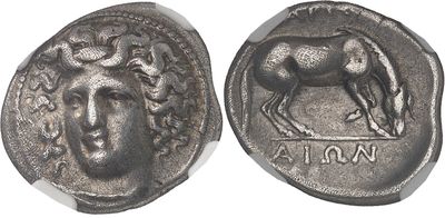 a close up of a coin with a horse on it