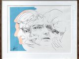 un dessin représentant le visage d'un homme sur fond bleu