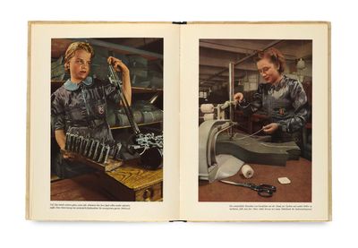 an open book with two pictures of a woman working on a sewing machine