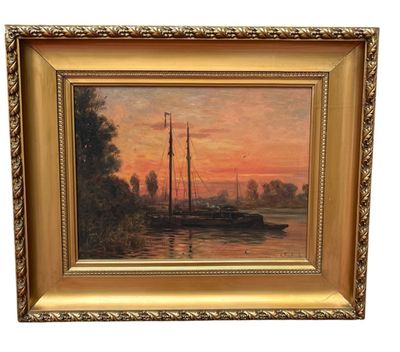 an oil painting of a sailboat on the water at sunset