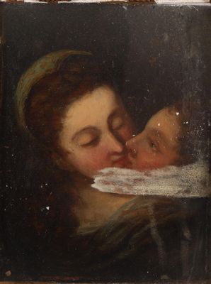 Ecole du XIXème s Le baiser Huile sur panneau, Altérations, …