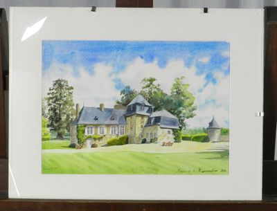une photo d'un tableau représentant une maison dans un champ
