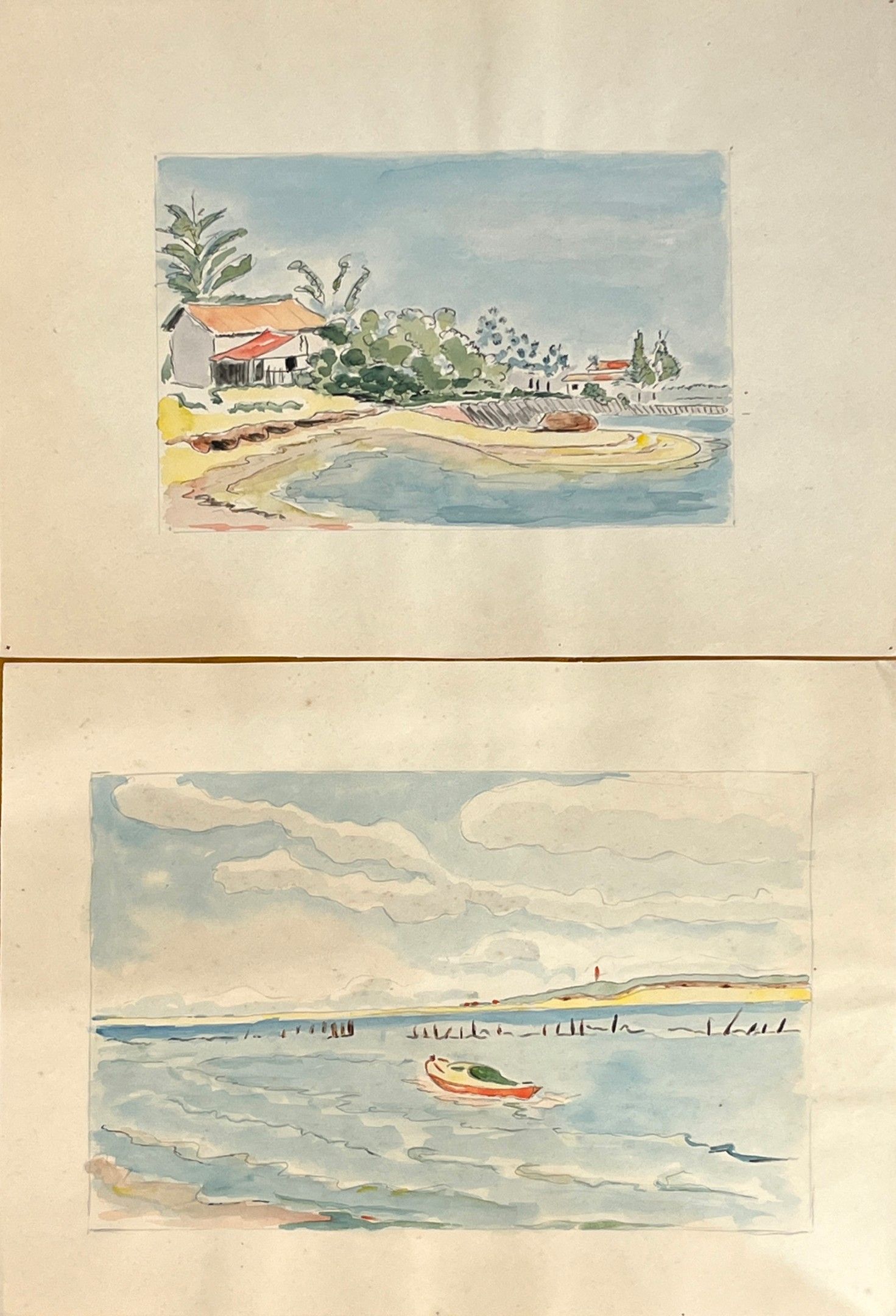 Ecole moderne régionale. Vues du Bassin d'Arcachon, Cap Ferret. Deux aquarelles sur trait d'encre. Dimensions feuille...