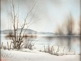 painting of a snowy landscape with a lake and trees in the background