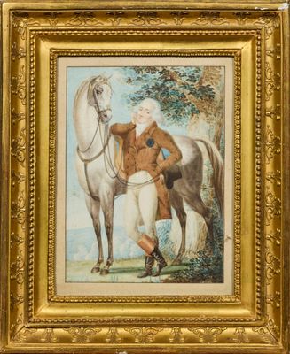 tableau représentant un homme debout à côté d'un cheval blanc dans un champ