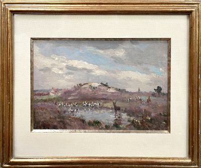 l'image d'un tableau représentant un paysage avec une rivière au premier plan
