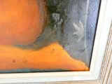un tableau représentant une orange et une banane, dans un cadre blanc