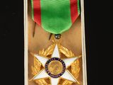a medal in a box with a ribbon around it