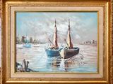 a painting of a boat in a body of water