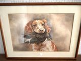 un tableau représentant un chien tenant un canard dans la gueule