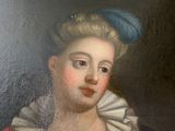 a painting of a woman in a red dress with a blue hat