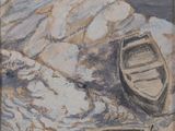 a painting of two boats on the shore of the water