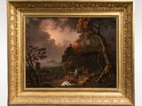 une peinture à l'huile représentant un paysage avec un homme et une femme au premier plan