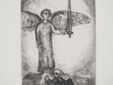 un dessin en noir et blanc représentant un ange tenant une épée