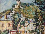 une peinture représentant une rue avec des maisons et des arbres en arrière-plan