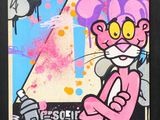 a picture of a painting of a pink cat on a black background