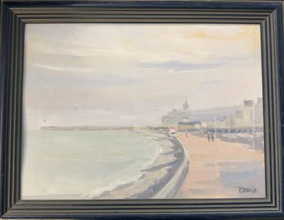 an oil painting of a beach scene with people walking along the shore
