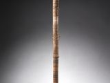 an image of a tall wooden stick with a bird ' s foot sticking out of it