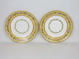 two yellow and pink plates with flowers on them on a white surface