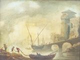 a picture of a painting of a boat on the water