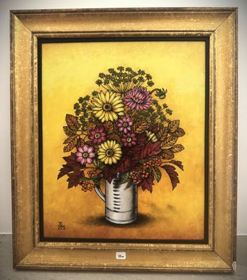 an oil painting of a vase of flowers on a yellow background