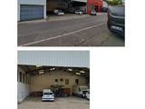 two pictures of a garage with cars parked in front of it