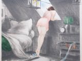 painting of a woman in a pink dress standing in a bedroom