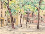 a watercolor painting of a street scene with trees and a lamp post