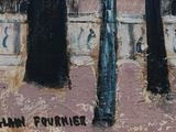 a painting of a street light on the side of a building