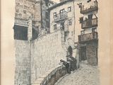 un dessin représentant un homme assis sur un banc devant un immeuble