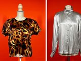 four different styles of dresses on mannequins against a red background