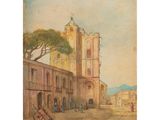 a painting of a street scene with a church in the background