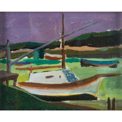 une peinture à l'huile représentant des bateaux amarrés dans un port, la nuit