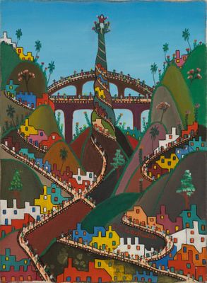 an image of a painting of a colorful town with a bridge