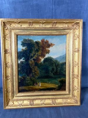 une peinture à l'huile représentant un paysage avec un arbre et un homme dans un champ