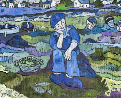 a painting of a woman sitting in a field
