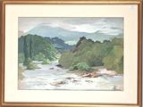 painting of a river with mountains and trees in the background