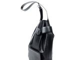 black leather handbag with strap and shoulder strap on a white background