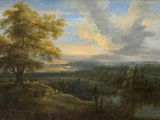 an oil painting of a landscape with a river and trees in the foreground