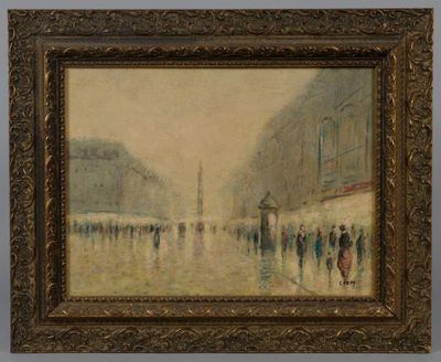 une peinture à l'huile représentant des personnes marchant sous la pluie dans une rue de la ville