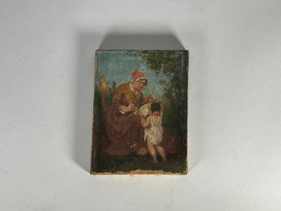 un vieux tableau représentant un homme et un enfant assis sur un banc
