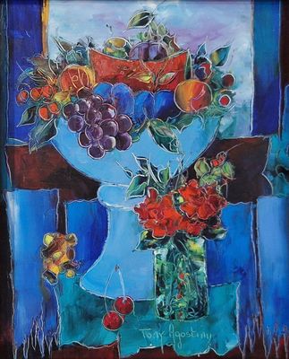 un tableau représentant un vase rempli de fruits et de fleurs posé sur une table
