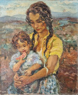 une peinture représentant une femme tenant un enfant dans ses bras
