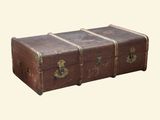 a brown trunk sitting on top of a table