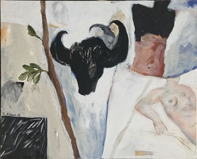 a painting of a bull and a man laying in a bed